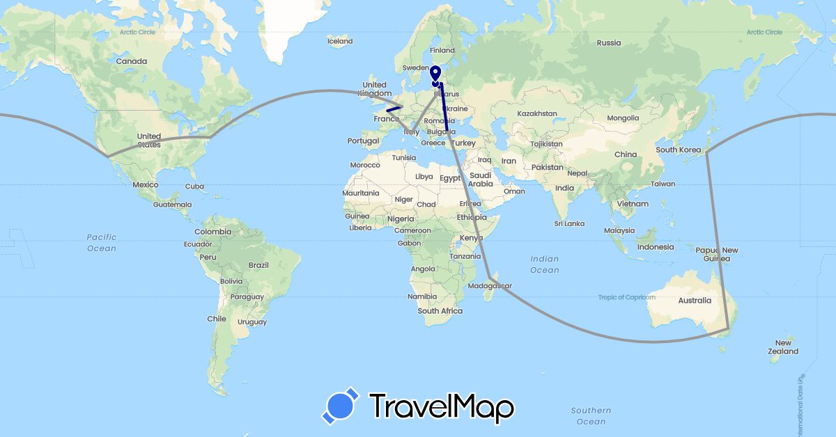 TravelMap itinerary: driving, plane in Australia, Bulgaria, Germany, France, Italy, Japan, Lithuania, Madagascar, United States (Africa, Asia, Europe, North America, Oceania)